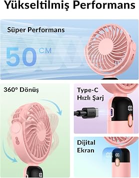 Warmco K70 Taşınabilir Şarjlı El Vantilatörü 2400mAh 360° Döner Başlıklı ve Standlı Dijital Ekranlı Soğutucu Fan Pembe