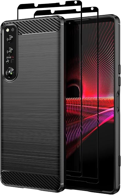 Teayoha Case for Sony Xperia 1 IV,with Tempered Glass Screen Protector [2 Pack], Carbon Fiber Scratch Resistant, Shock Absorption Soft TPU Drawing Protective Cases Phone Cover - Black