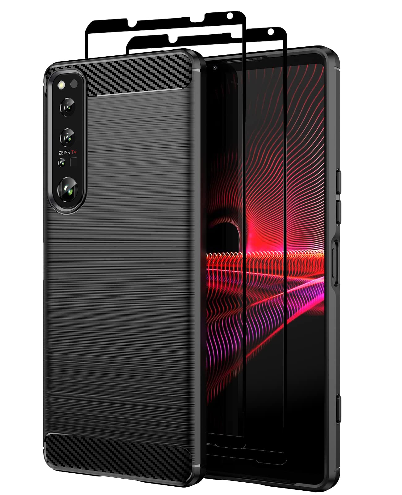 Case for Sony Xperia 1 IV,with Tempered Glass Screen Protector [2 Pack], Carbon Fiber Scratch Resistant, Shock Absorption Soft TPU Drawing Protective Cases Phone Cover - Black