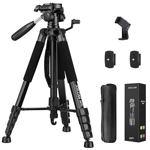 JOILCAN Tripod Camera Tripods, 74" Tripod for Camera Phone Video Recording, Heavy Duty Cameras Tripod Stand, Professional Travel DSLR Tripods Compatible with Canon iPhone, Max Load 15 LB - 74" - Black