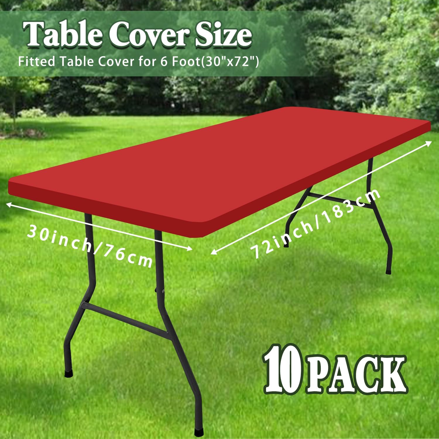 10 Pack Picnic Fitted Table Cover for 6 Foot Tablecloth for Rectangle Tables Waterproof Stretch Washable Folding Indoor and Outdoor Spandex Table Cloth for Camping Banquet and Parties (Red,30" x 72") image 2