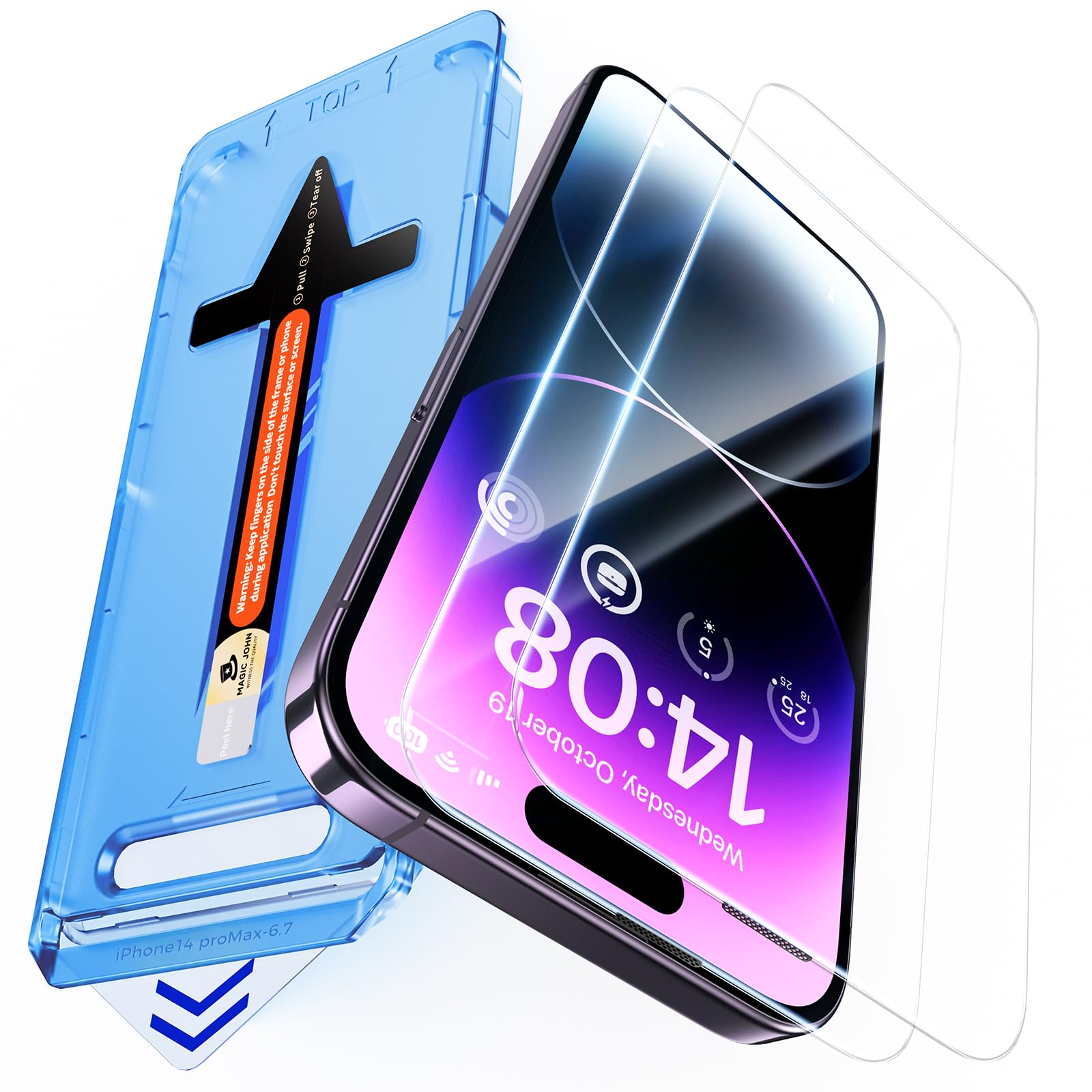 MAGIC JOHN 2 Pack for iPhone 14 Pro Max 6.7 inch Tempered Glass Screen Protector, Auto Dust-Elimination Installation, Dynamic Island Compatible, HD Clear, Easy Installation