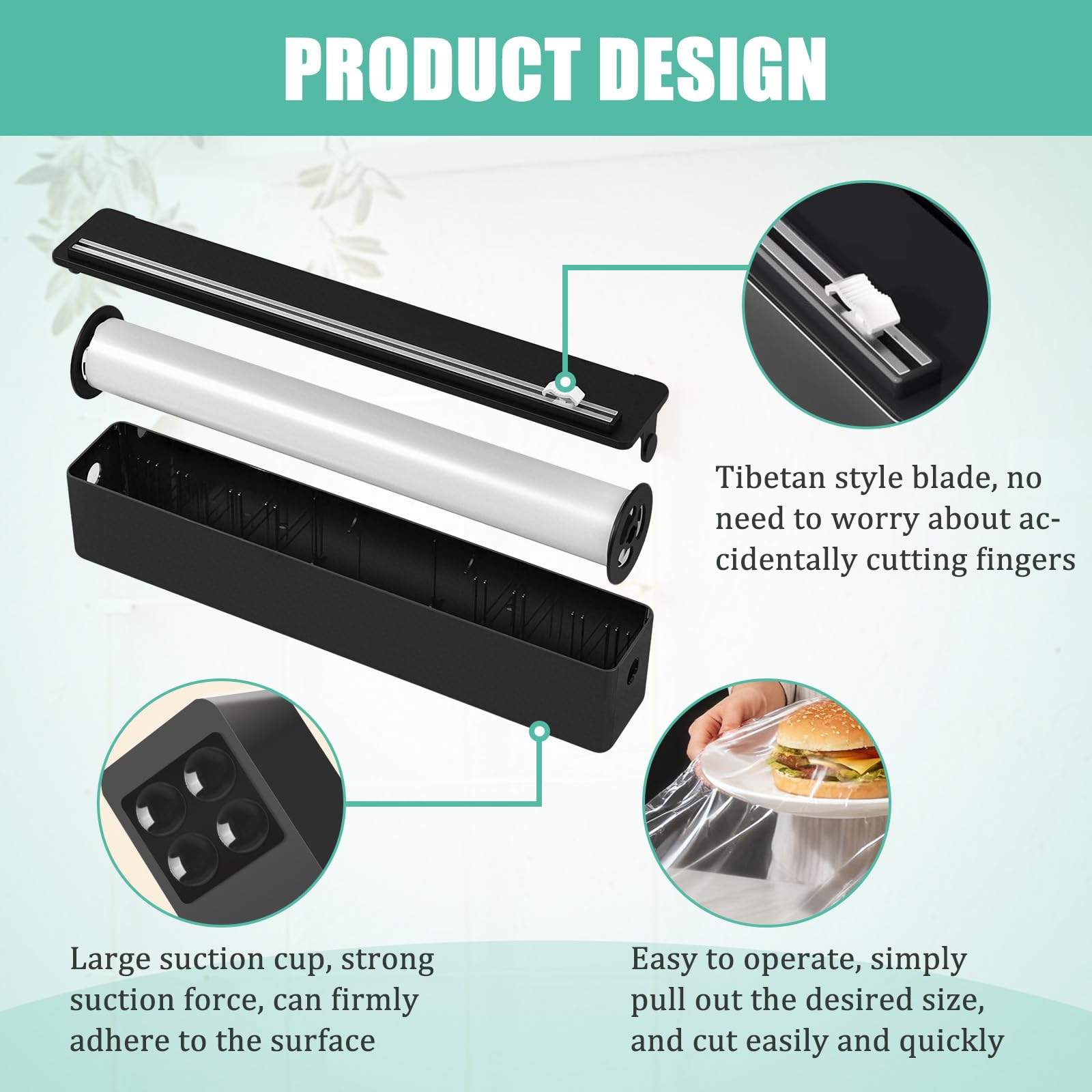 Derouleur Film Alimentaire, Distributeur Film Alimentaire à Ventouse, distributeur papier aluminium et film pour Cuisine Domestique, Restaurant, sans Percer, Coupe Lisse, 36x6x7cm
