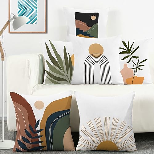 Miniatura 10 de Juego de 6 fundas de almohada abstractas bohemias de 18 x 18 pulgadas, fundas de almohada rústicas con hojas de puesta de sol, funda de almohada