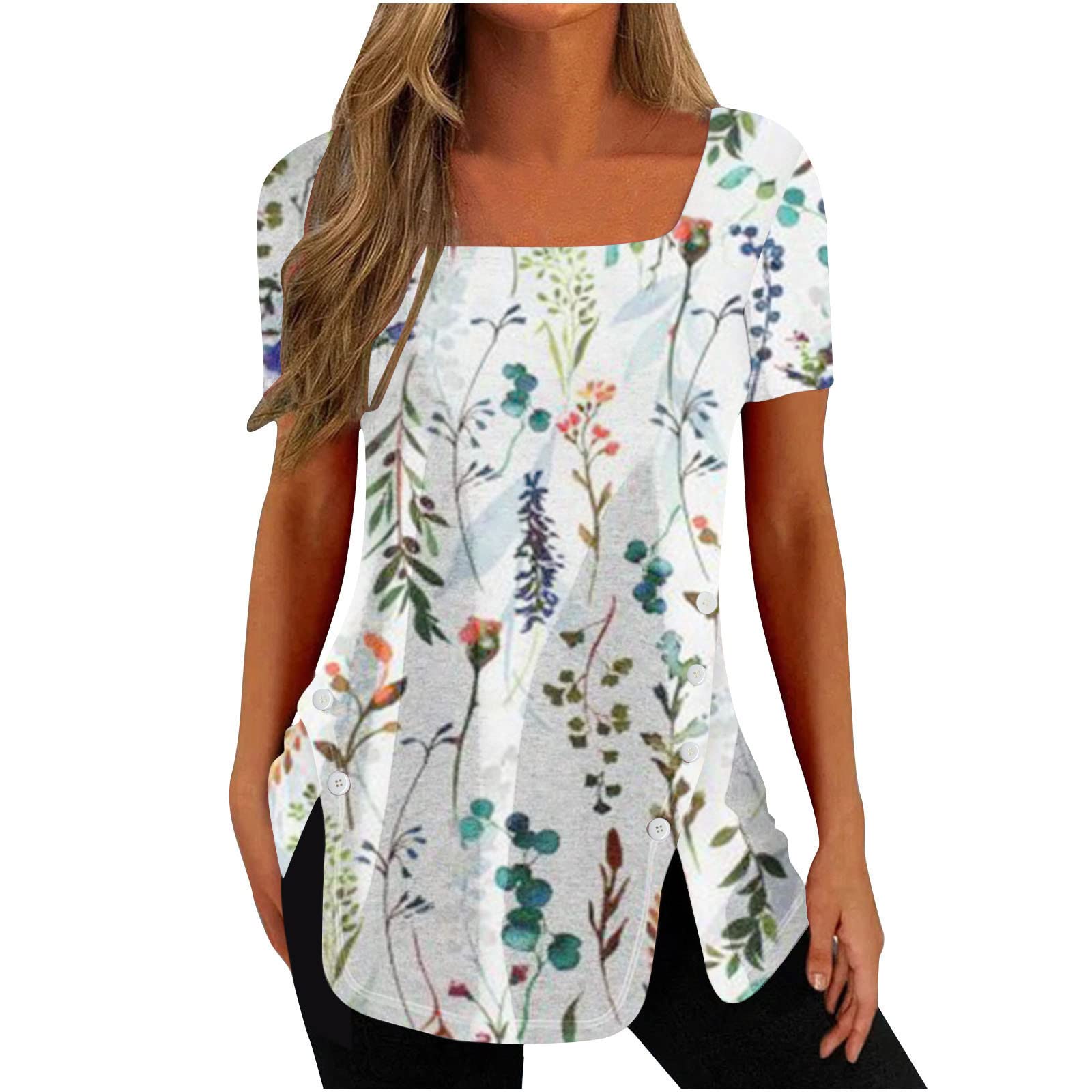 NUSGEAR Camiseta Manga Corta Mujer Verano 2023 Moda Impresión Basic Camisa Blusa Cuello Cuadrado Camiseta Elegant Suelto Tops Casual Fiesta Cómodo T-Shirt Original tee Playa Talla Grande