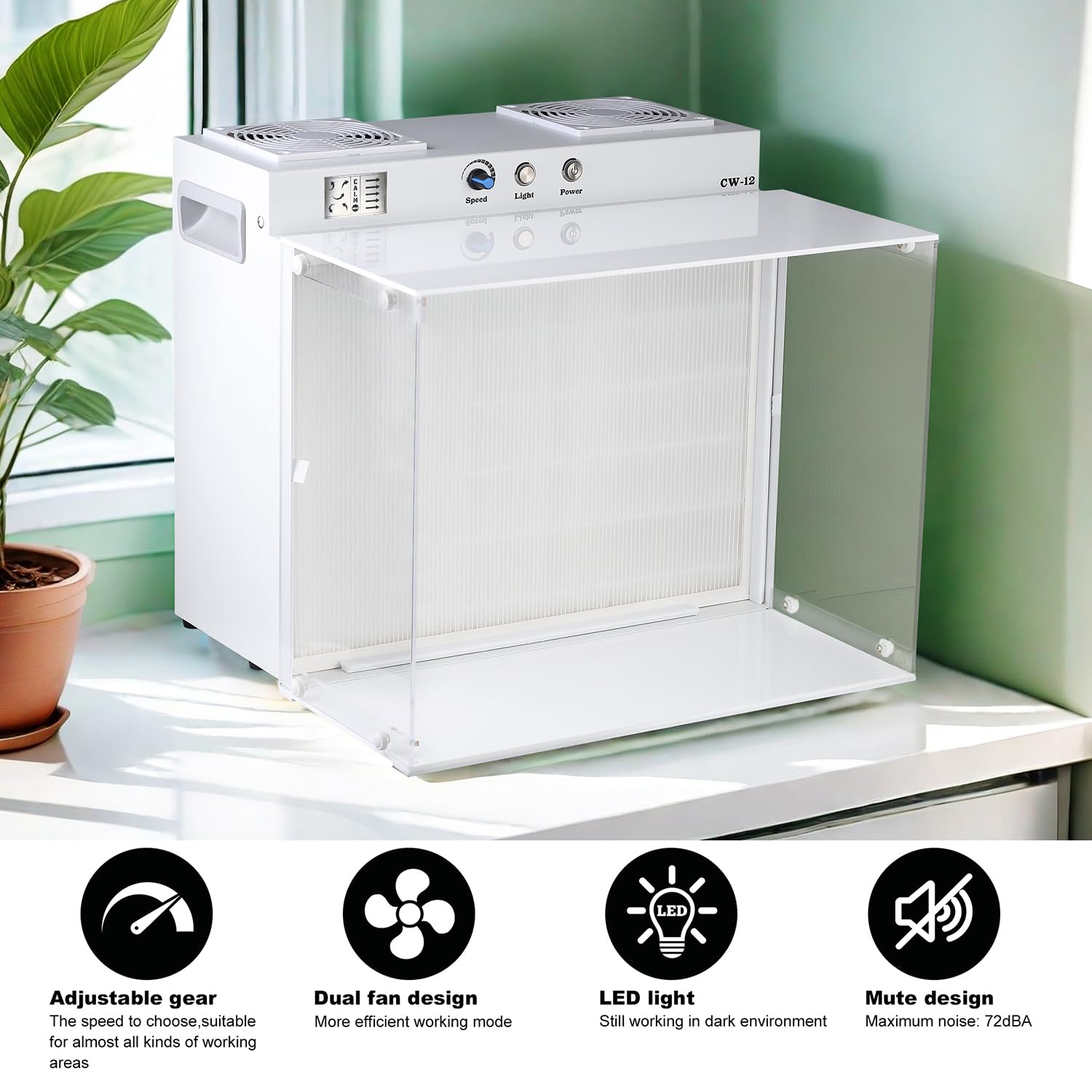 HEPA H12 Laminar Flow Abzugshaube mit HEPA Filter, 43 x 33 cm FFU Impfbox Lüfter, Doppellüfter Luftfiltersystem, tragbare Laminar Flow Abzugshaube für Labore, Reinräume und Pilzlabore