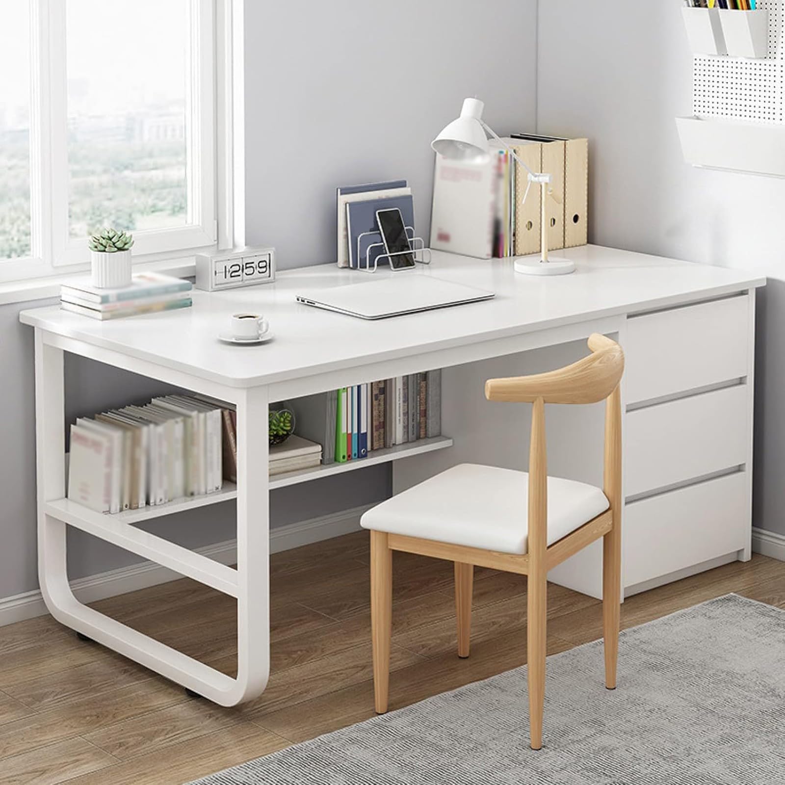 SXZenSpace Corner Office Desk with Drawers, Home Bookshelves, Computer Desk, Modern Minimalist Style Writing Workstation, Suitable for Offices and Study Rooms White,100cm