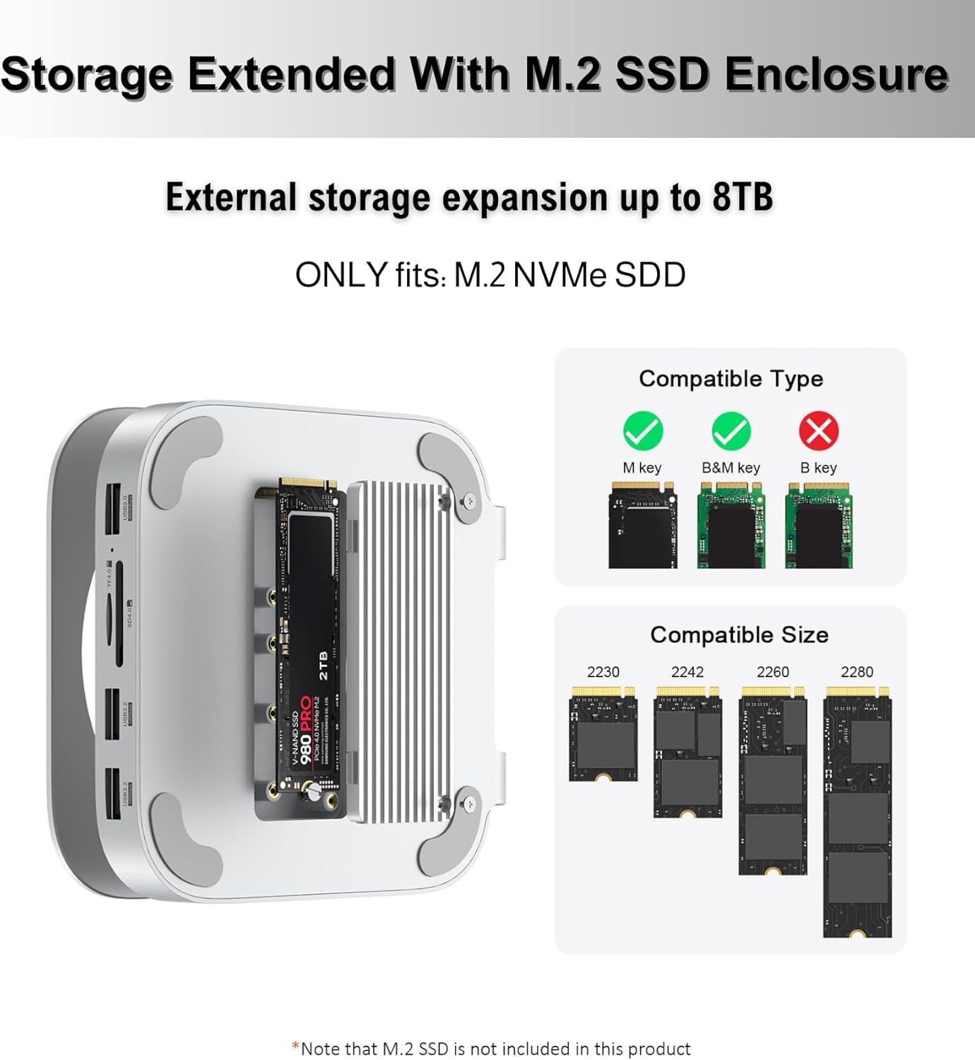 Mac mini M4 Dock, Aluminum Mac mini Stand and Hub for Mac mini M4 and M4 Pro 2024 with M.2 NVMe SSD Enclosure, 2X USB-A 10Gbps, SD/TF Card Readers, USB 2.0 Data (Silver)│Accessories image 4 of 9 B0DP9JM1ZL