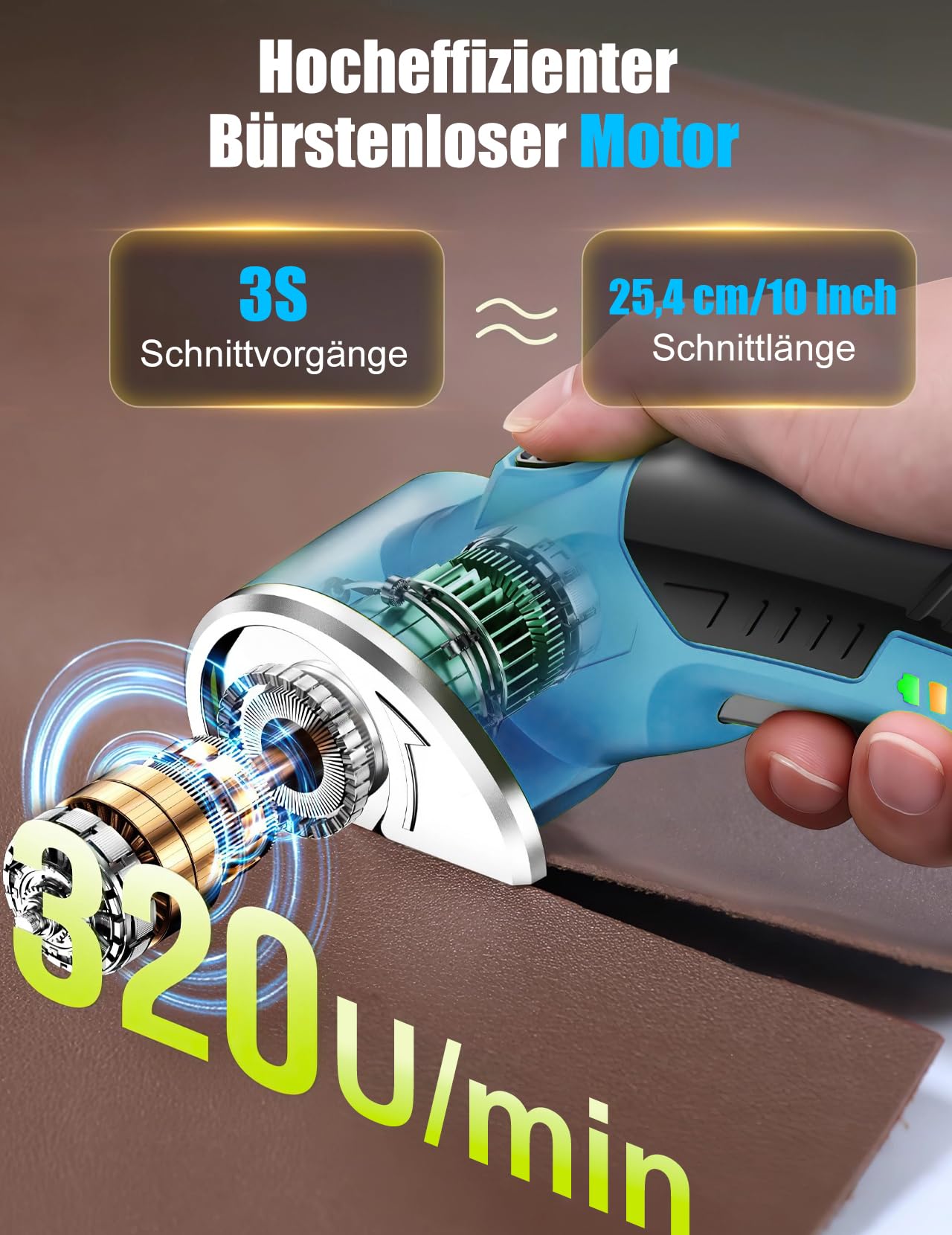 Elektrischer Schere, Tragbarer Kartonschneider mit Sicherheitsschalter, Kabellos Rotationsschneider Wiederaufladbar mit 320 U/min Zum Schneiden von Leder, Karton, Teppich, Filz (Blau)