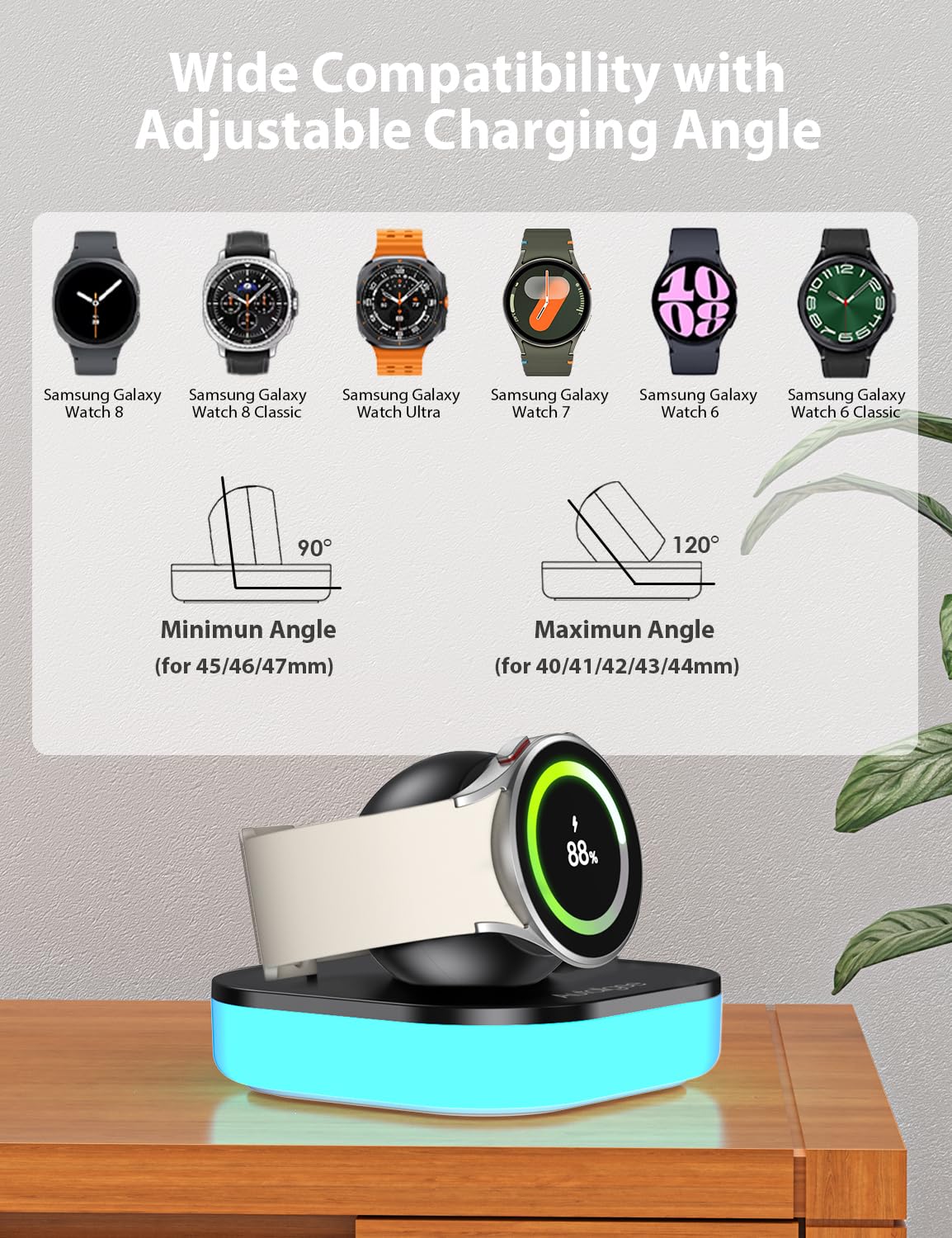 Supporto di ricarica per Samsung Galaxy Watch, dock di ricarica magnetico con luce e cavo USB per orologio 8/8 Classic/Ultra (2025)/Ultra/7/6/6 Classic/5/5 Pro/4/4 Classic/3/Active/FE