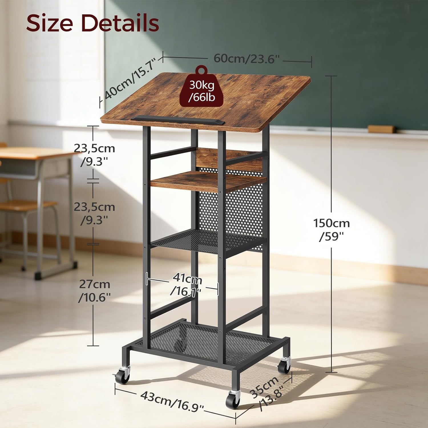 Podium Stand with Locking Wheels, 4-Tier Mobile Lectern with Storage Shelves and Non-Slip Lip, for Classroom, Church, Conference Standing Desk, Rustic Brown and Black LPHR6001