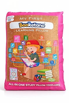 Booketano Learning Pillow for Kids, Educational Study Cushion, 15+ Topics, Hindi & English, Soft Washable, Pink, Ages 2+