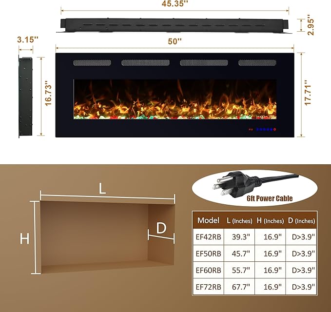 Chimenea Eléctrica 50" VILLABROT, Empotrable o de Pared, 1500W miniatura 3