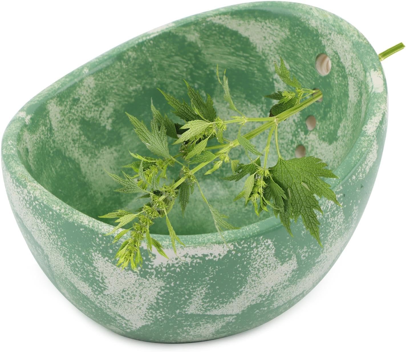 Pottery Herb Stripper Bowl, Handmade Herb Stripper Ceramic Bowl with 4-Slot Different Hole Sizes for Kale, Herbs & Broccoli, Efficient Peeling Off the Leafy Assembly(Green)