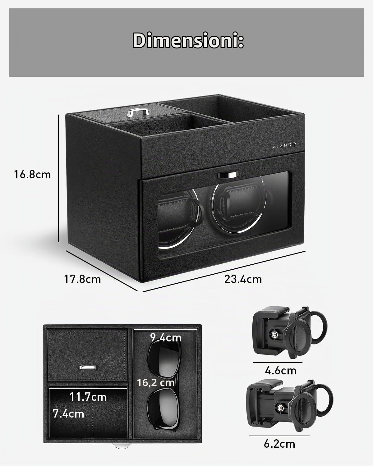 Vlando Watch Winder, Scatola Carica Orologio Scatola Orologio a Carica Automatica in Cuoio con Motore Silenzioso per Orologi da Polso