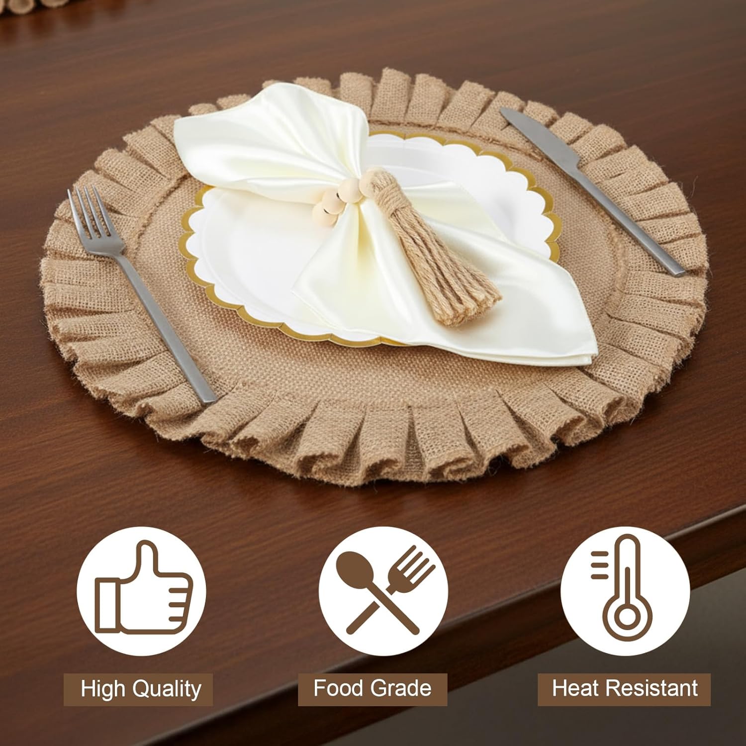 18 Pack Round Burlap Placemats Wood Bead Napkin Rings with Dinner Napkins Cloth, Jute Heat Resistant Placemats Boho Wooden Rings for Plates Wedding Dining Table