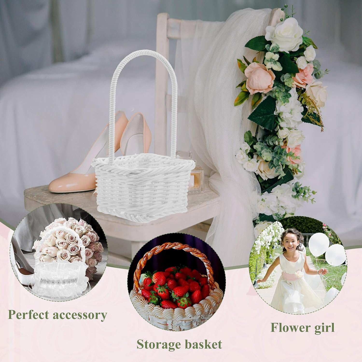 Mini White Wicker Flower Girl Basket Handheld Rattan Wedding Basket for Home Party Decoration