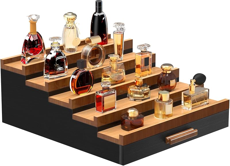 Organizador de Perfumes Zaldia em Madeira com 5 Níveis e Gaveta 5T-Black Walnut