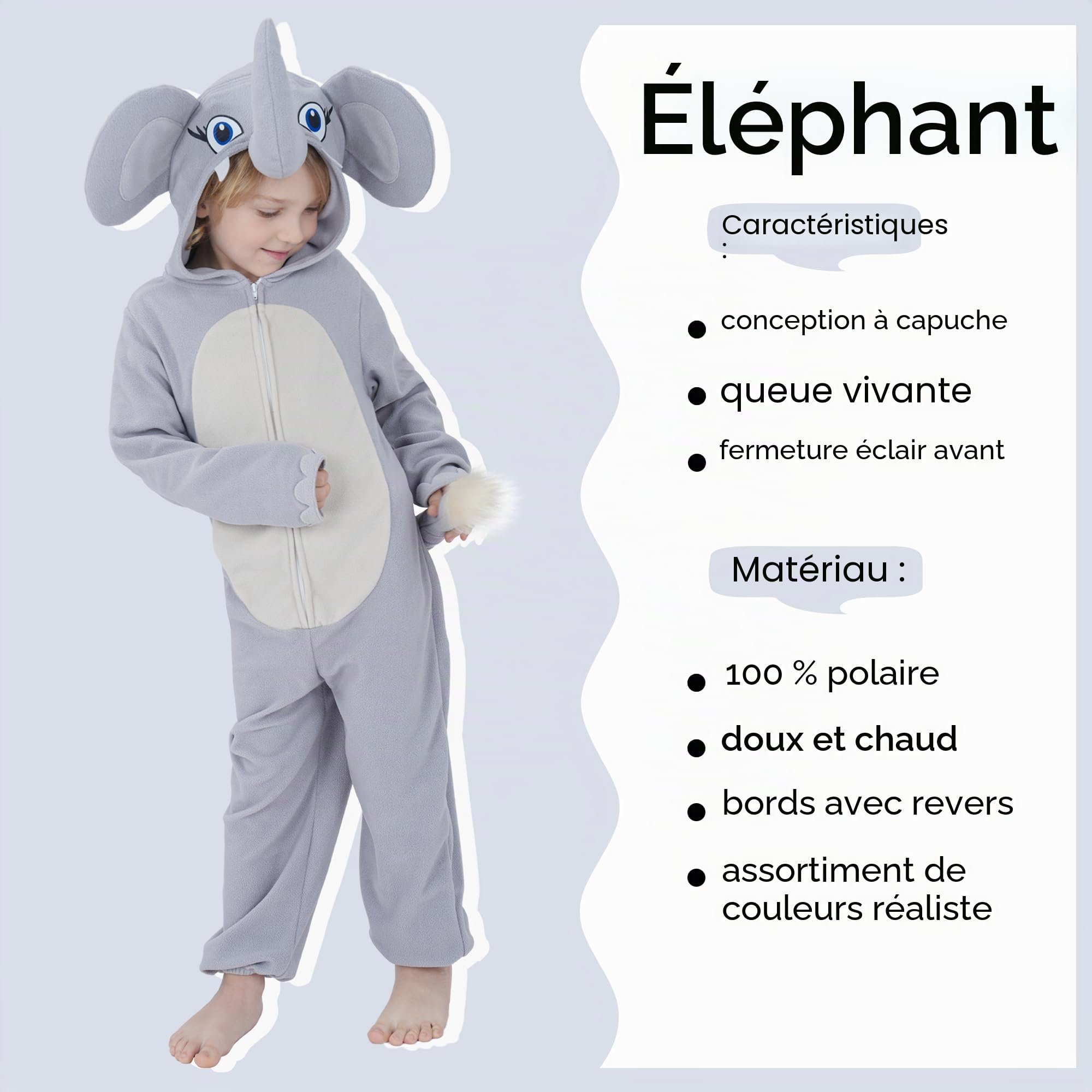 Sincere Party Costume de cache-couche éléphant mignon en toison, combinaison d'éléphant à capuche vive pour garçons et filles L(8-10)