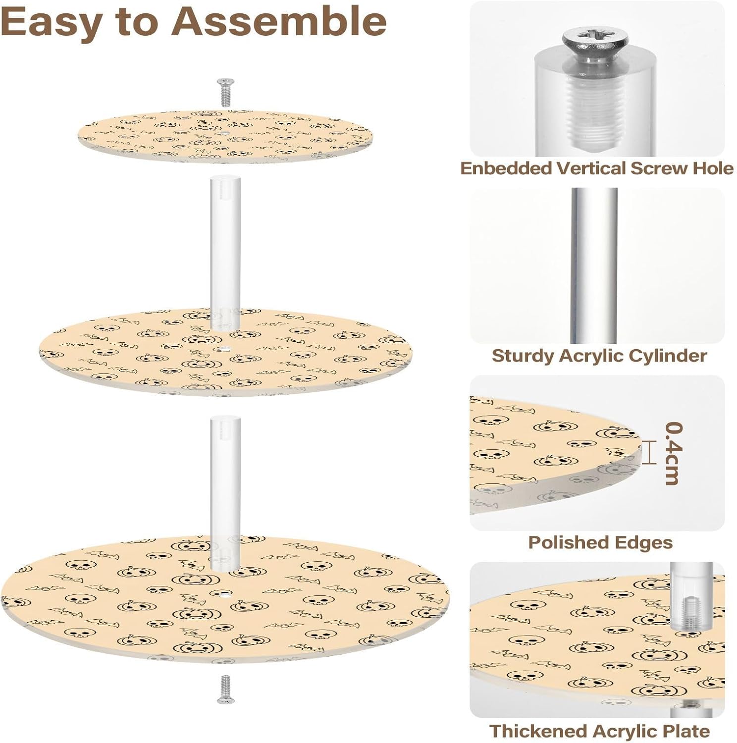 Skull Pumpkin Bats Halloween 3 Tier Acrylic Cupcake Stand, Cupcake Stand for 34 Cupcakes for Weddings, Christmas,Holidays,Parties,Birthday,Printed Cupcake Tower 23301105