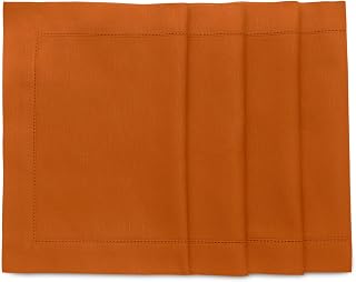 Solino Home Cotton Linen Placemats Cinnamon Hemstitch, 14 x 19 in, Set of 4 | table mats for kitchen, dinner, table setting, decor, indoor outdoor, machine washable, gift | Fall, Halloween, Thanksgiving