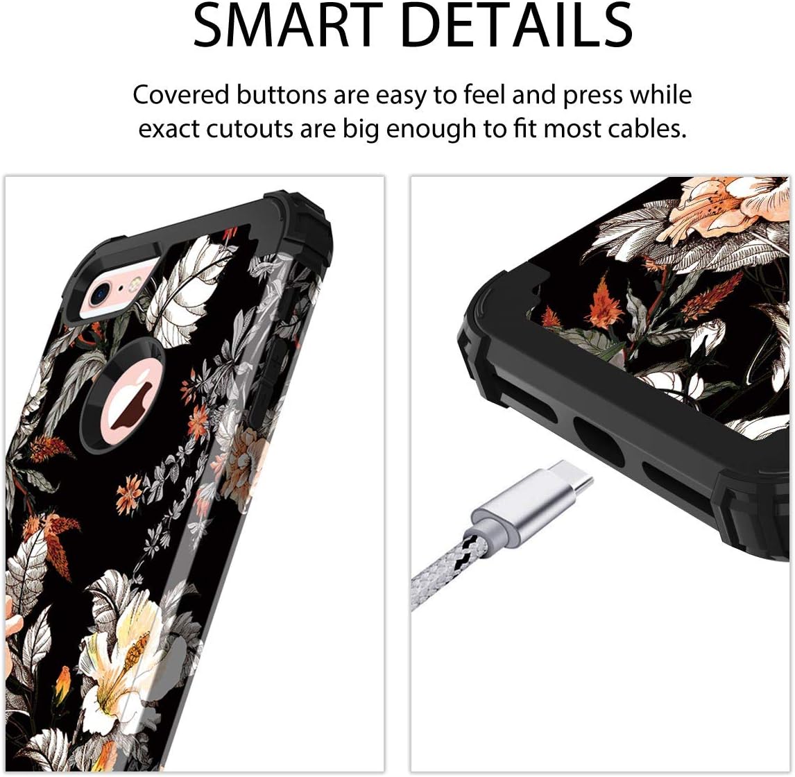 Casetego Compatible with iPhone 6S Case,iPhone 6 Case,Floral Three Layer Heavy Duty Hybrid Sturdy Shockproof Protective Cover Case for Apple iPhone 6S/6,Orange Flower/Black