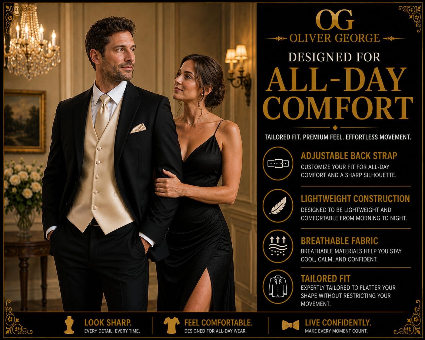 Oliver George 4pc Men's Solid Formal Suit Waistcoat Tuxedo Dress Vest Necktie Bowtie Handkerchief Set for Suit or Tuxedo