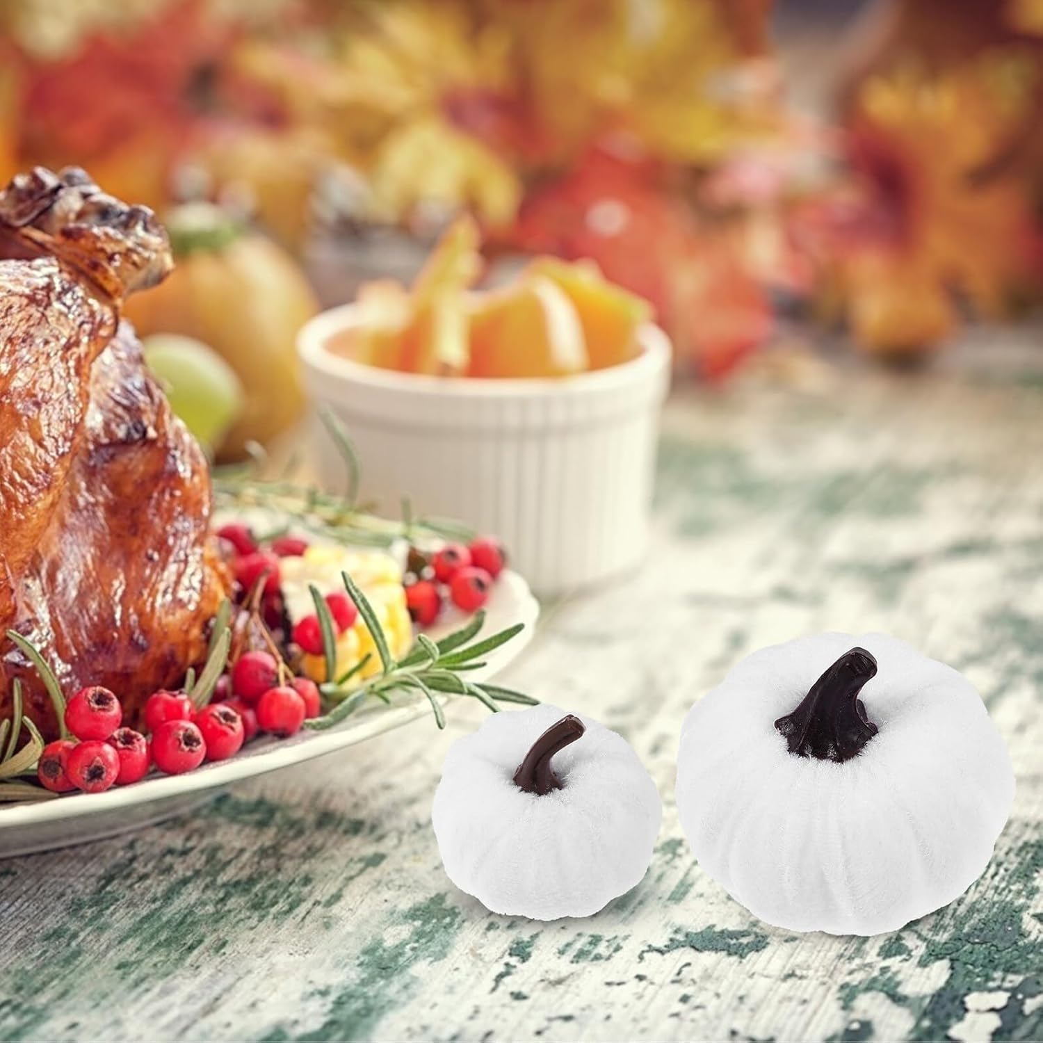 Artificial Foam Pumpkins Halloween Decoration Set, Colorful Wrapped Velvet Surface, White  Mixed Sizes, Seasonal Harvest Ornament for Home and Party Decor