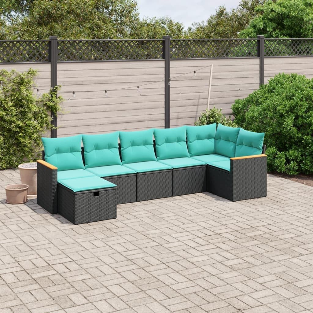 vidaXL Patio Sofa Set with Cushions - 7 Piece Outdoor Furniture, Black Poly Rattan, Modular Garden Seating for Terrace, Backyard, Deck