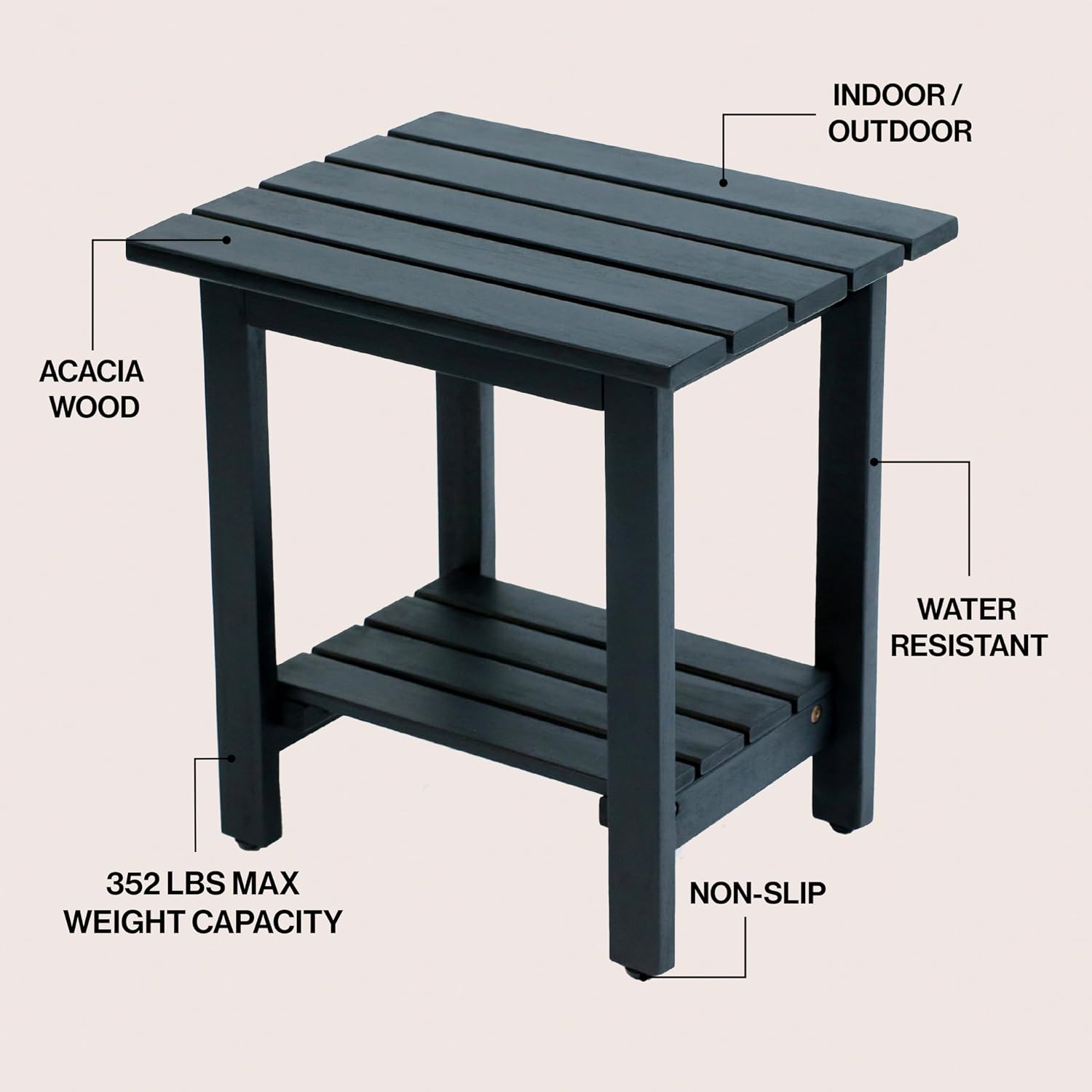 JONATHAN Y Kellie 16" Modern Black Acacia Wood Outdoor Side Table with 2-Tier Storage, Weather-Resistant Rectangular Slatted End Table for Patio, Garden, Deck, and Porch END6001B