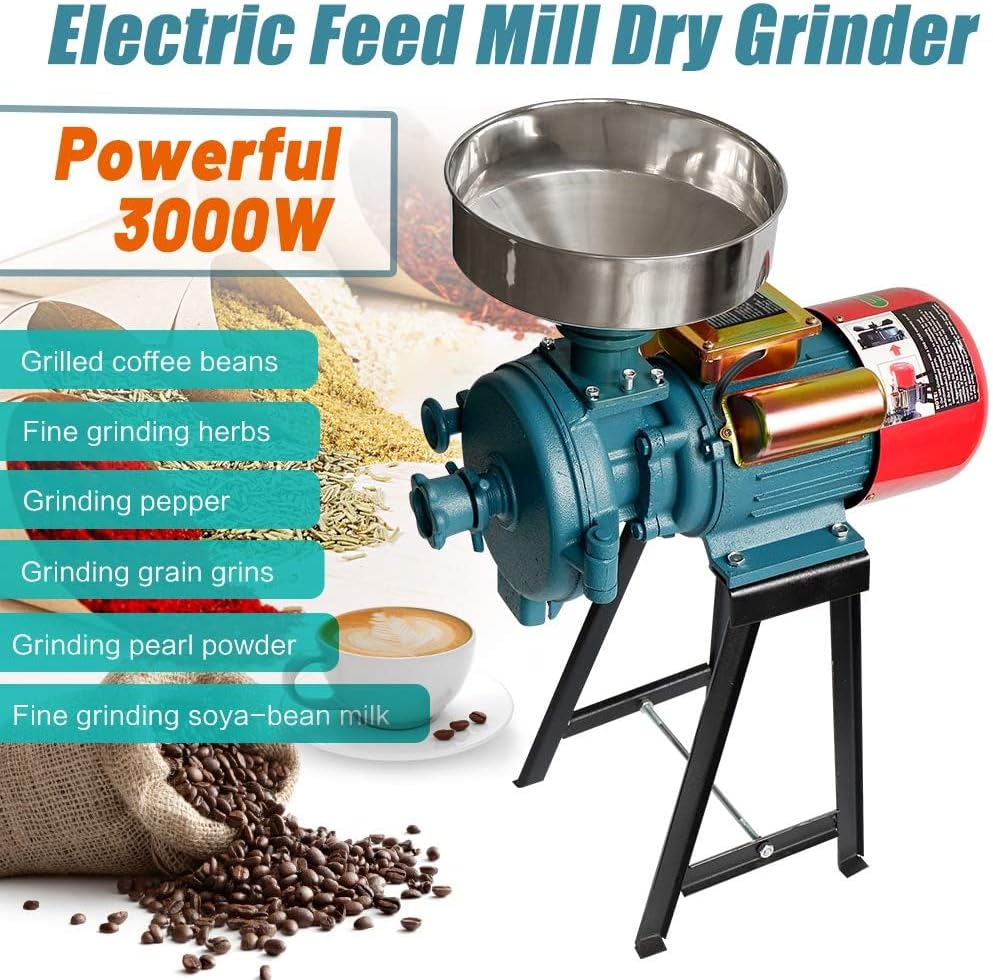 Slsy Heavy Duty Electric Dry Grain Mill Grinder, 3000W High Power Milling Machine, 110V Commercial Flour & Feed Grinder for Corn, Wheat, Rice, Coffee Beanss
