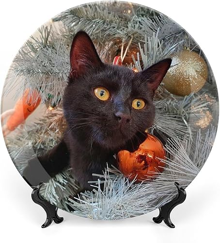 Plato decorativo de cerámica para árbol de Navidad con diseño de gato negro, placa decorativa con soporte, placa redonda de exhibición para