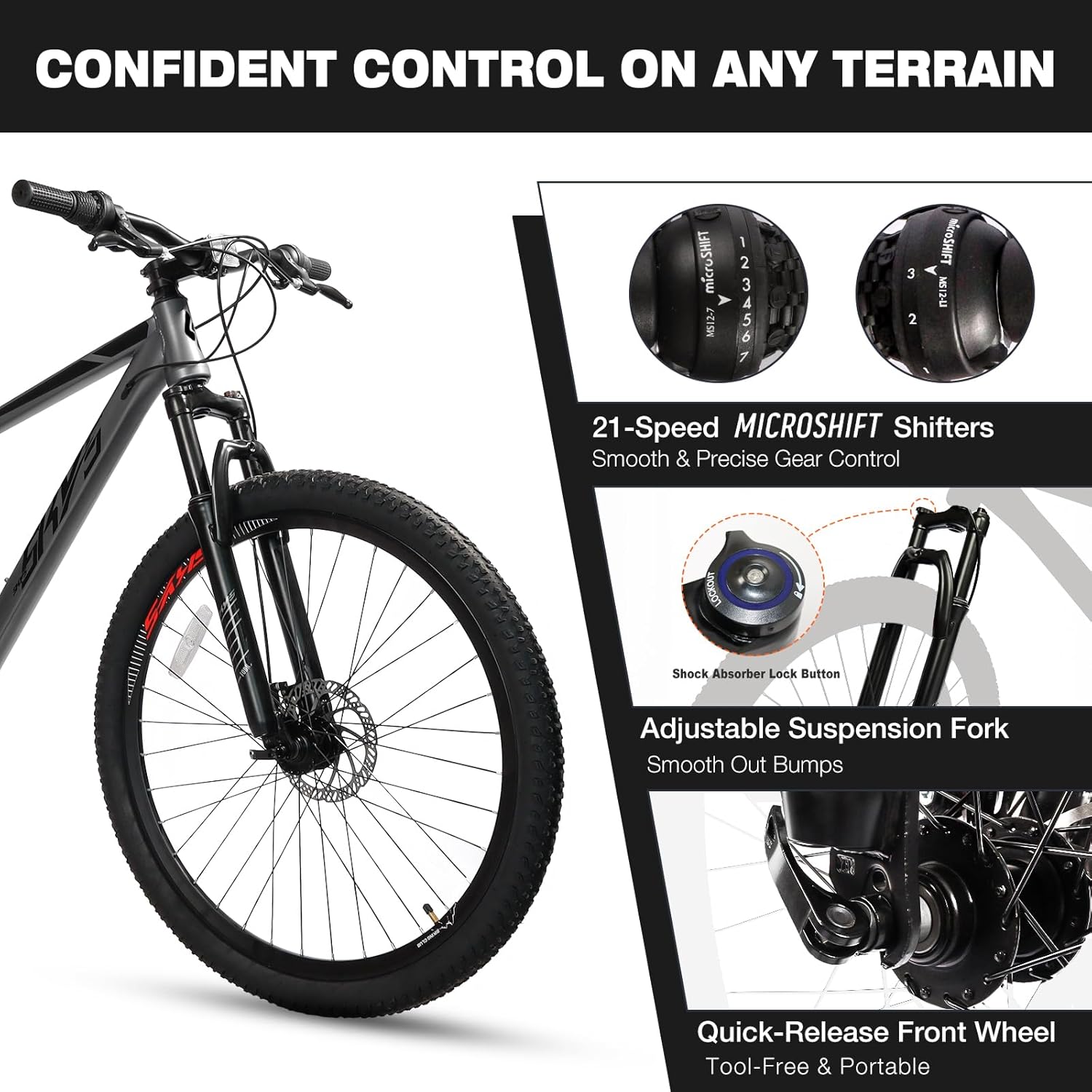 Convend 26 Inch Mountain Bike for Adults & Teens, 21-Speed Pro Gear with Twist Shifter, Dual Disc Brakes & Front Suspension Fork, All-Terrain Tires for City & Trail Riding, Grey