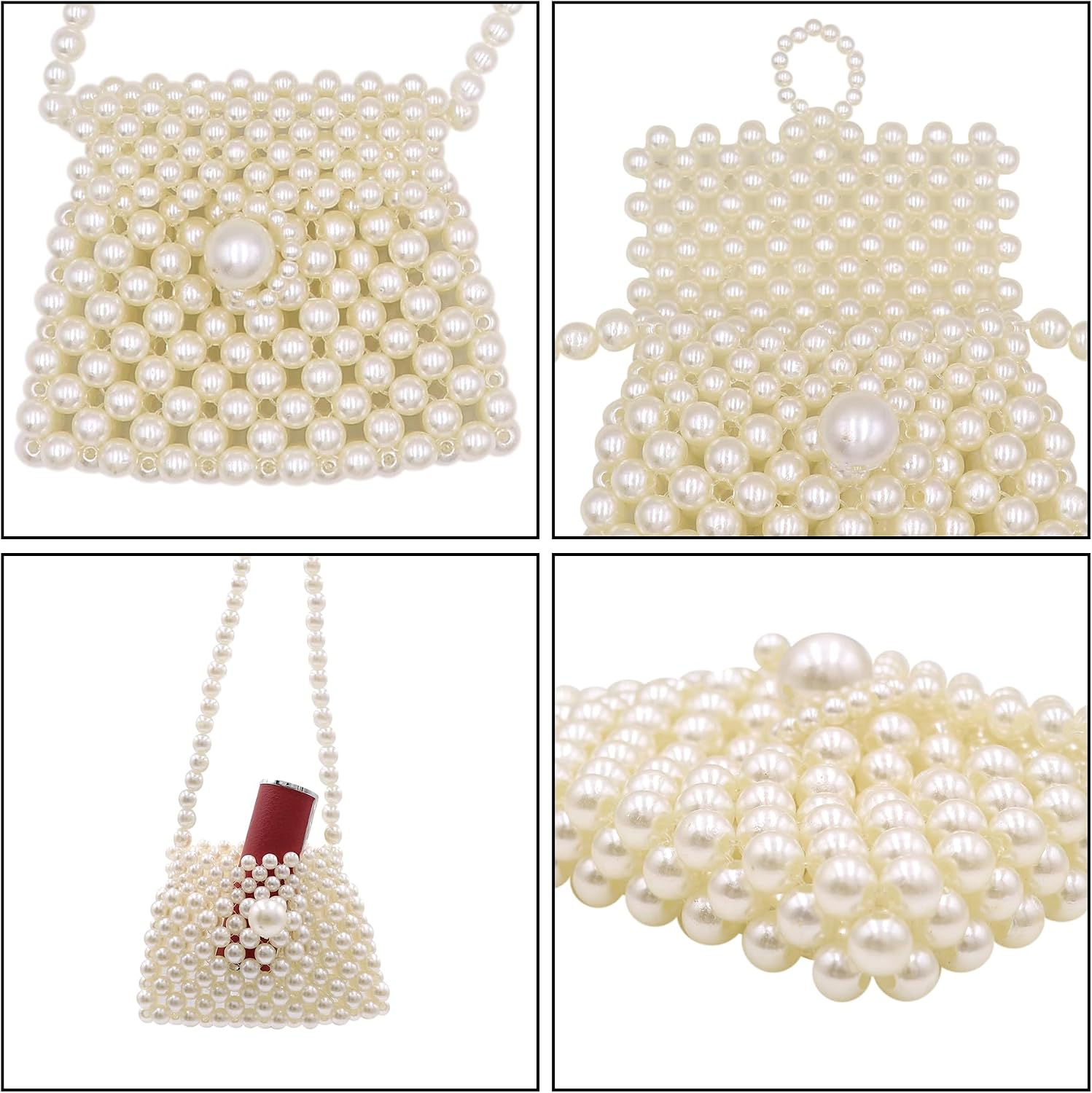 Girls White Beaded Pearl Crossbody Bag Acrylic Beaded Tiny Crossbody Pearl Handbag and Purse Clutch Mini Wedding Bag