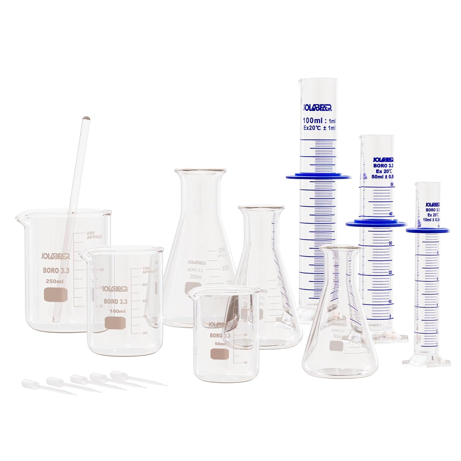 Upgraded Lab Chemistry Set: Graduated Cylinders (10,50,100ml), Beakers (50,100,250ml), Erlenmeyer Flasks & 5x3ml Pipettes for Experiments, 3.3 Boro Glass, EPE Foam Packaging