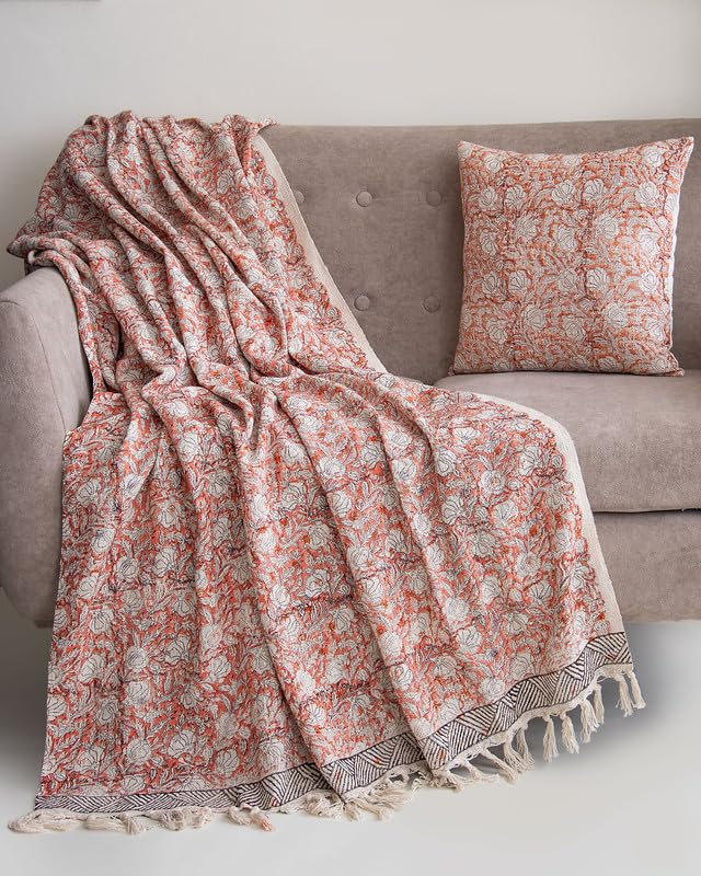 Image of Traditional Jaipuri Floral Buti Hand Block Print Cotton Sofa Throw (50x70 Inches) with 2 Pcs Cushion Cover(16x16 Inch) Soft Lightweight Thrower for Couch, Living Room & Bed (Pack of 3)