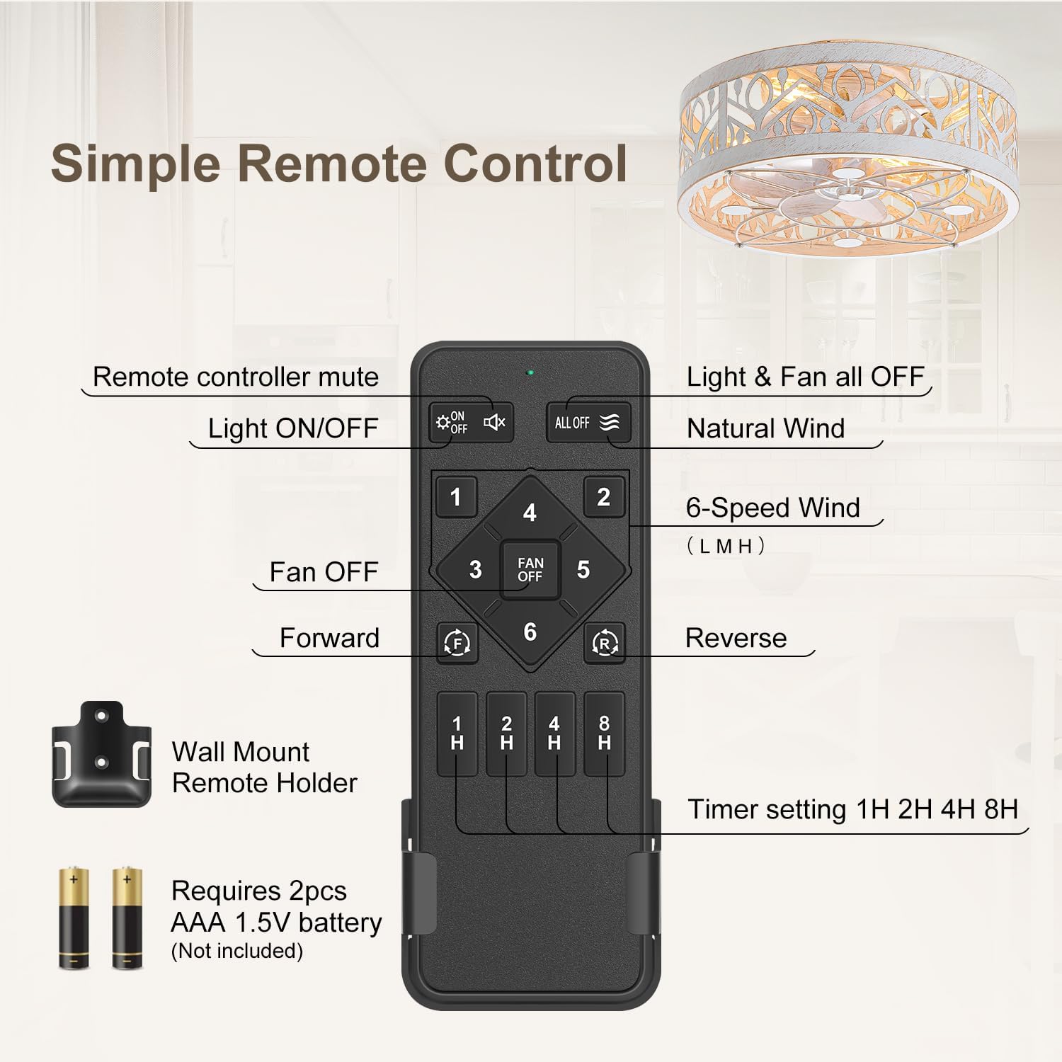 Caged Ceiling Fan with Light, 16.5-inch White Enclosed Fans with Remote Control, Flush Mount Low Profile Reversible DC Motor, Quiet Bladeless Fan for Indoor Bedroom Living Room Kitchen