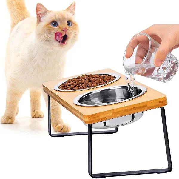 FUNACAY Elevated Cat Bowls, Raised Cat Bowl with 32 oz Stainless Steel Food Bowls Non-Slip Feeder for Cats and Puppy, 15° Tilted Raised Pet Dishes, Indoor Food Bowl with Bamboo Stand Anti Vomiting