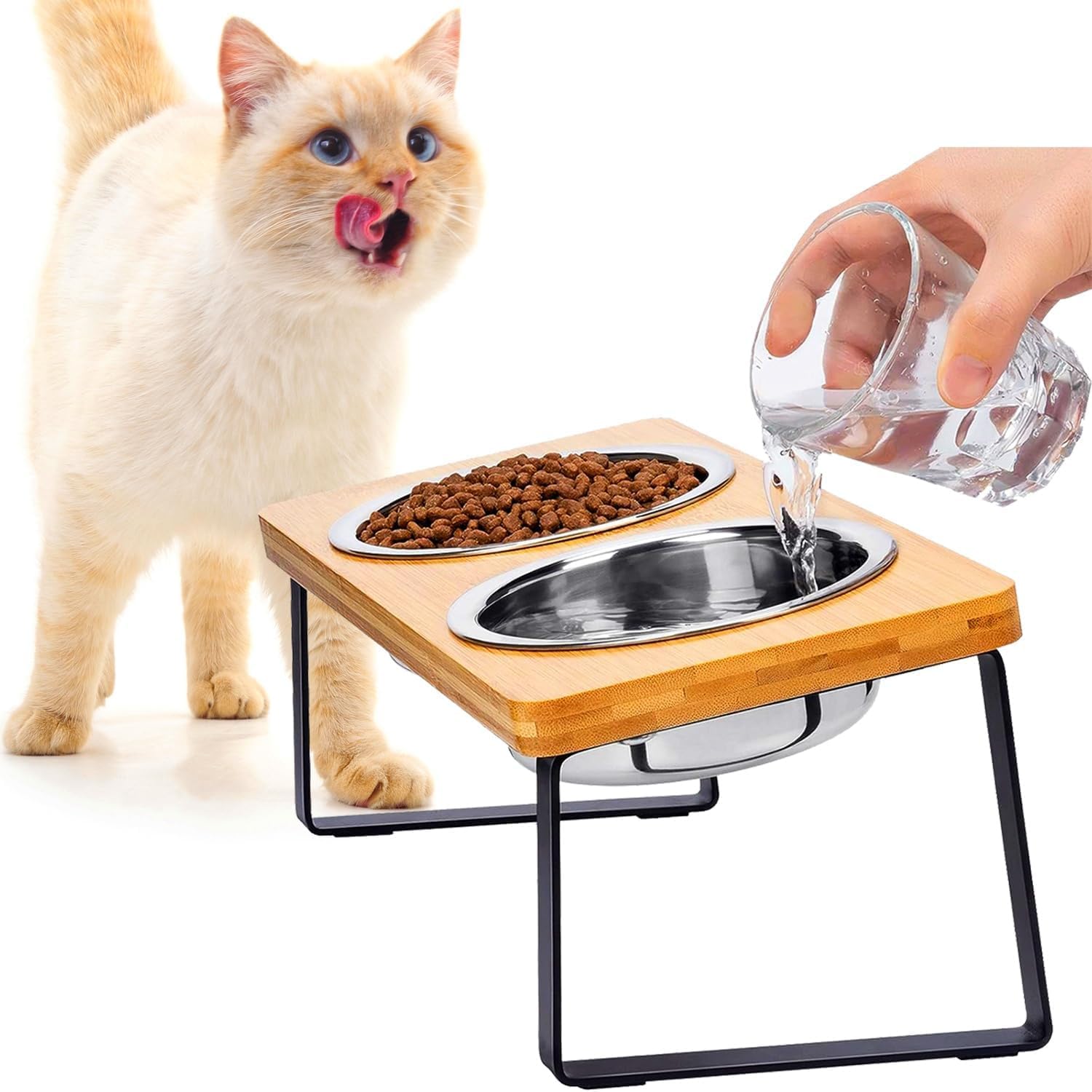 Cuencos elevados para gatos, soporte elevado para gatos con cuencos de acero inoxidable de 16 onzas, comedero antideslizante para gatos y cachorros, cuencos elevados inclinados de 15° para mascotas,