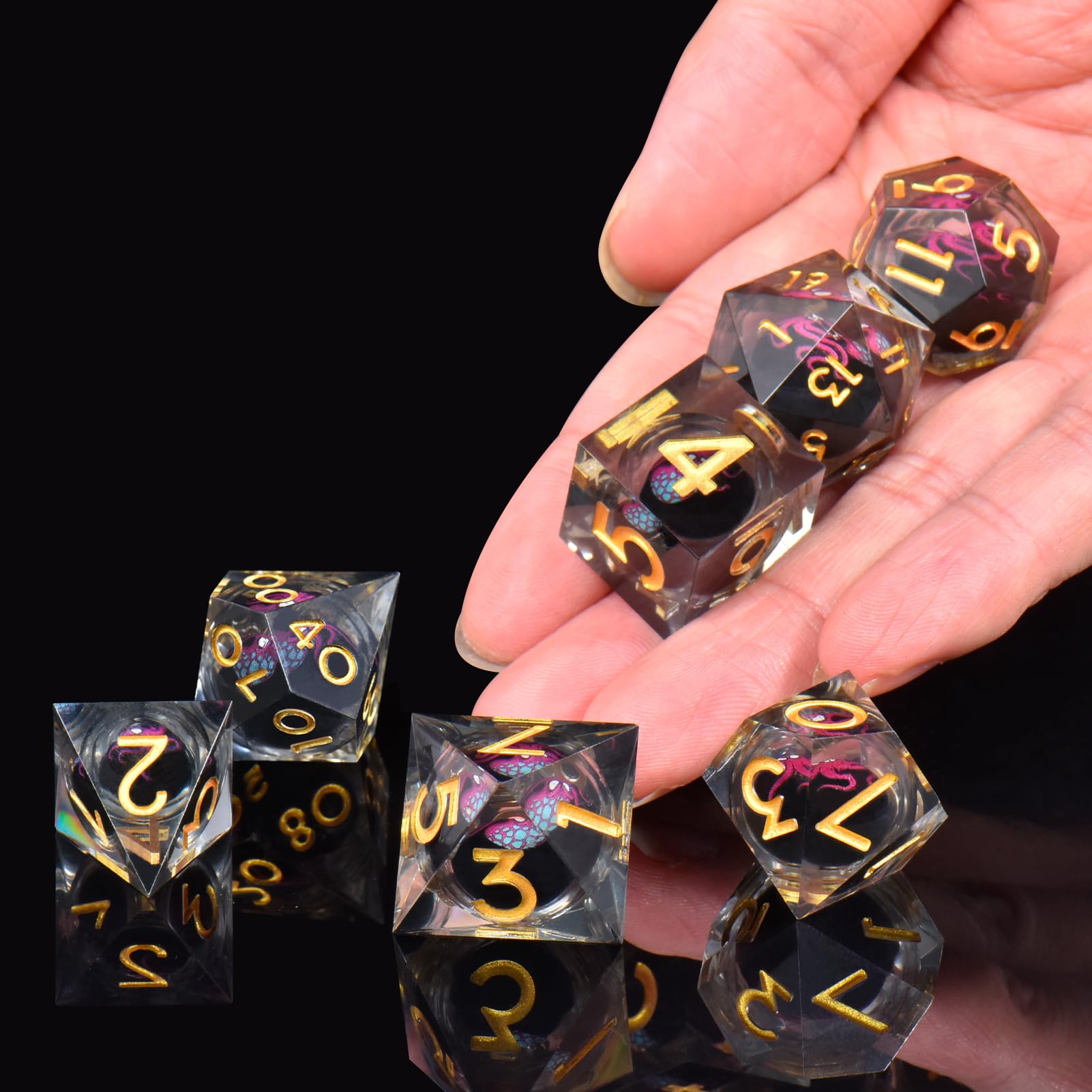 ORUZA 7 PCS S Dragon Eye DND Dice Liquid Core D&D Dice Resin Sharp Edge Polyhedral Octopus Dice Set for Dungeons and Dragons Role Playing Die D20 D12 D10 D8 D6 D4 D% - Image 4