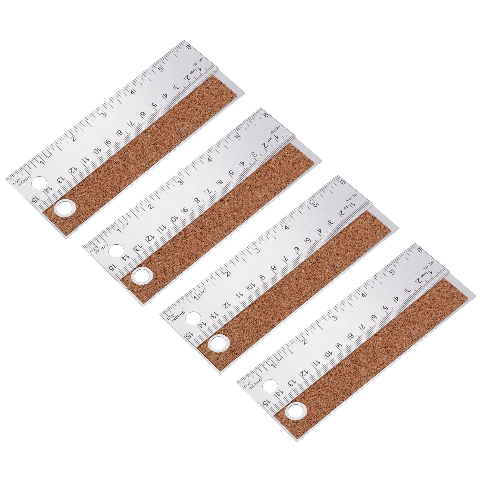 sourcing map 4pcs Stainless Steel Rulers with Cork Backing 15cm/6" Inch and Metric Precision Metal Ruler Straight Edge Measuring Tool for Office Engineering Tools