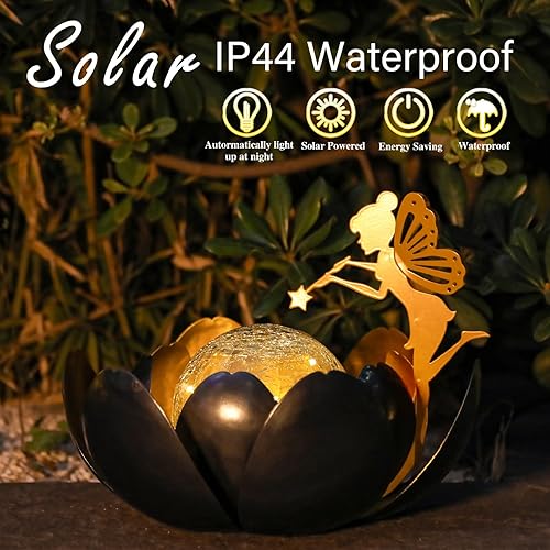 Miniatura 3 de Afirst Luces solares para exteriores, lámpara solar de loto de hadas para decoración de jardín, metal agrietado, cristal, decorativo, impermeable,
