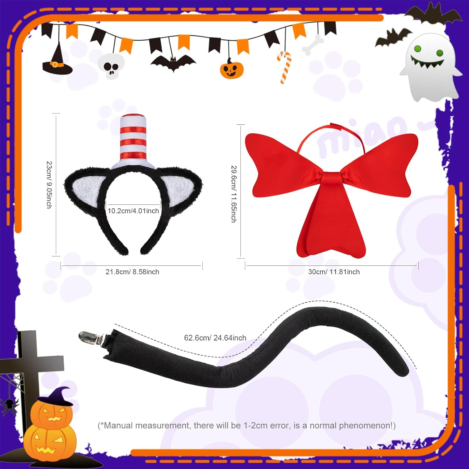 Cat Costume Accessory Set with Cat Ears Headband, Red Bow Tie, Black Tail, Halloween Cosplay Party Dress Up Kit - Image 3
