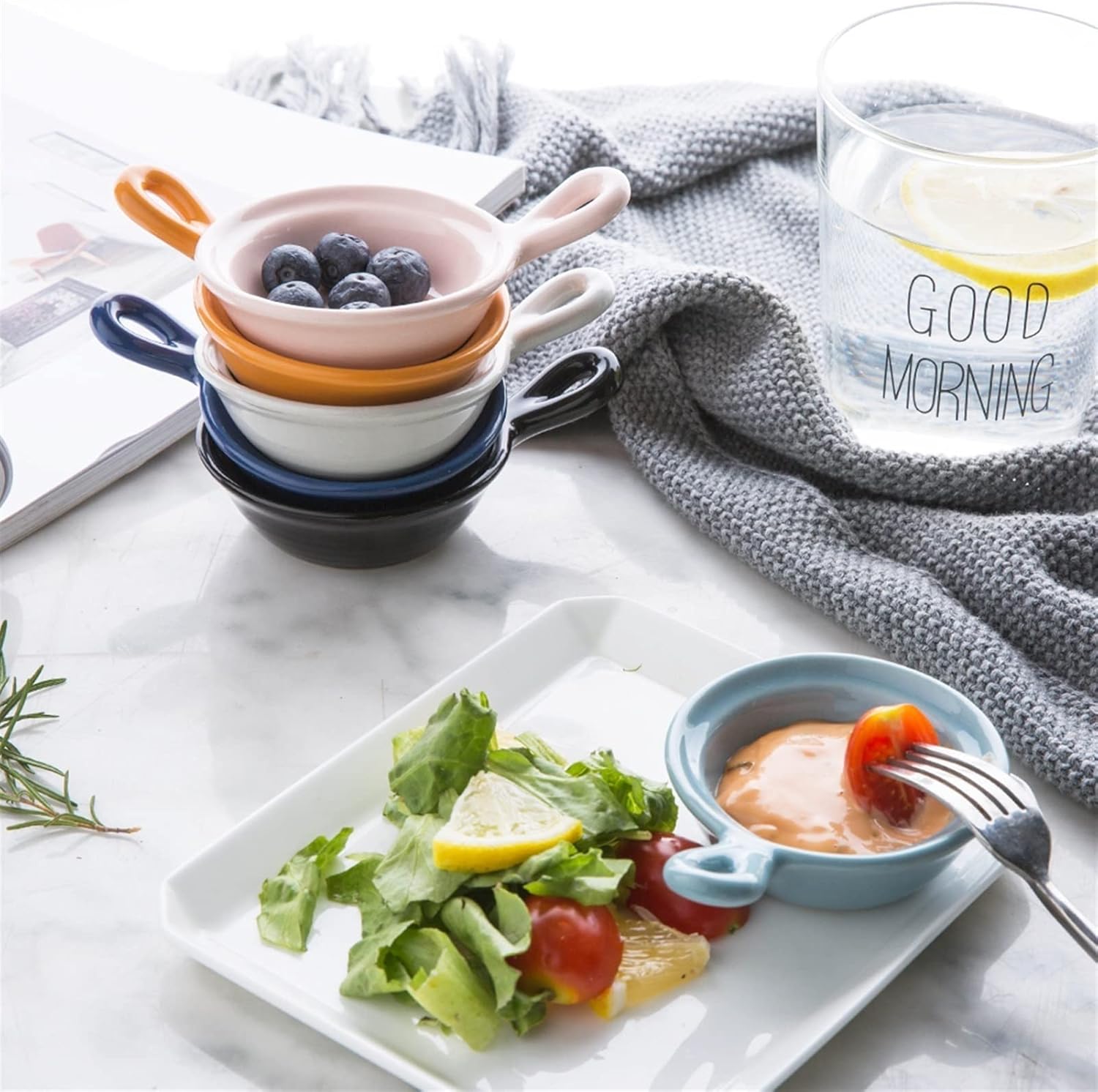 Snack Plate Multicolor Sauce Dishes Dipping Cup Porcelain Cereal Bowl with Handle Dip/Dipping Bowls for Rice Olive Oil Sushi Dessert Snack Tray (Color : Light Blue)