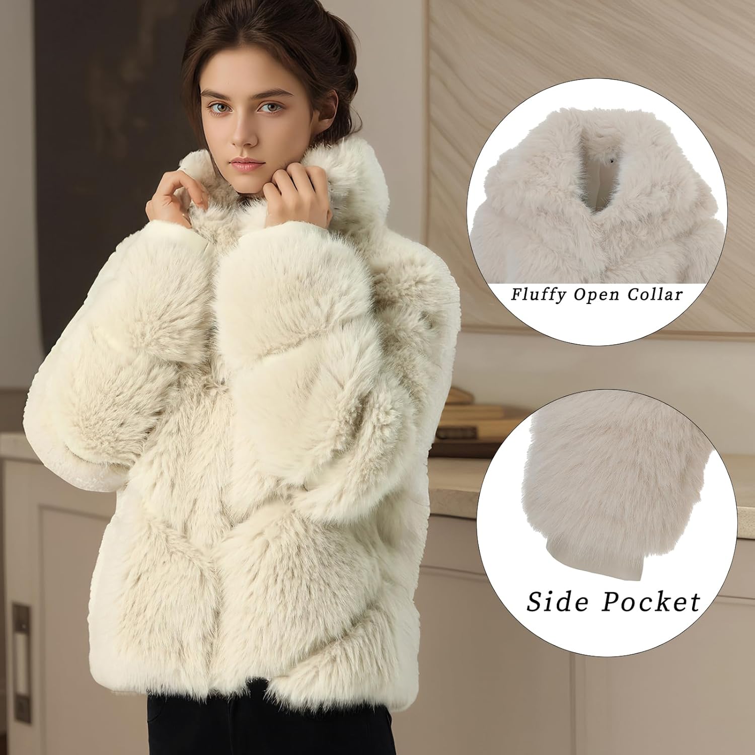Women's Trendy Cropped Faux Fur Coat Fluffy Open Front Jacket Cardigan Collar with Pockets - Image 4