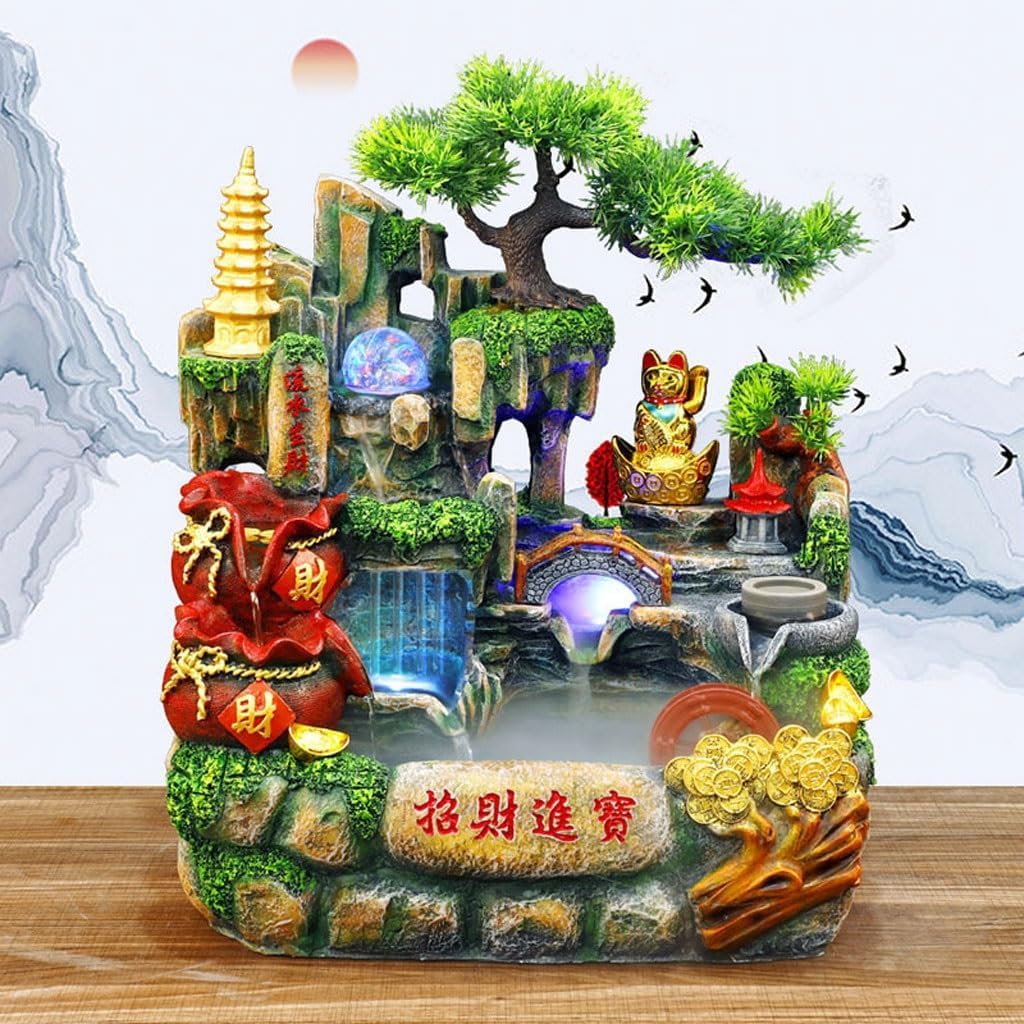 Tabletop Waterfall Fountain Lucky Mountain Flowing Water Desktop Fountain Rockery Flowing Water Ornaments Fountain Living Room Home Interior Decoration Water Fountains Indoor (A)