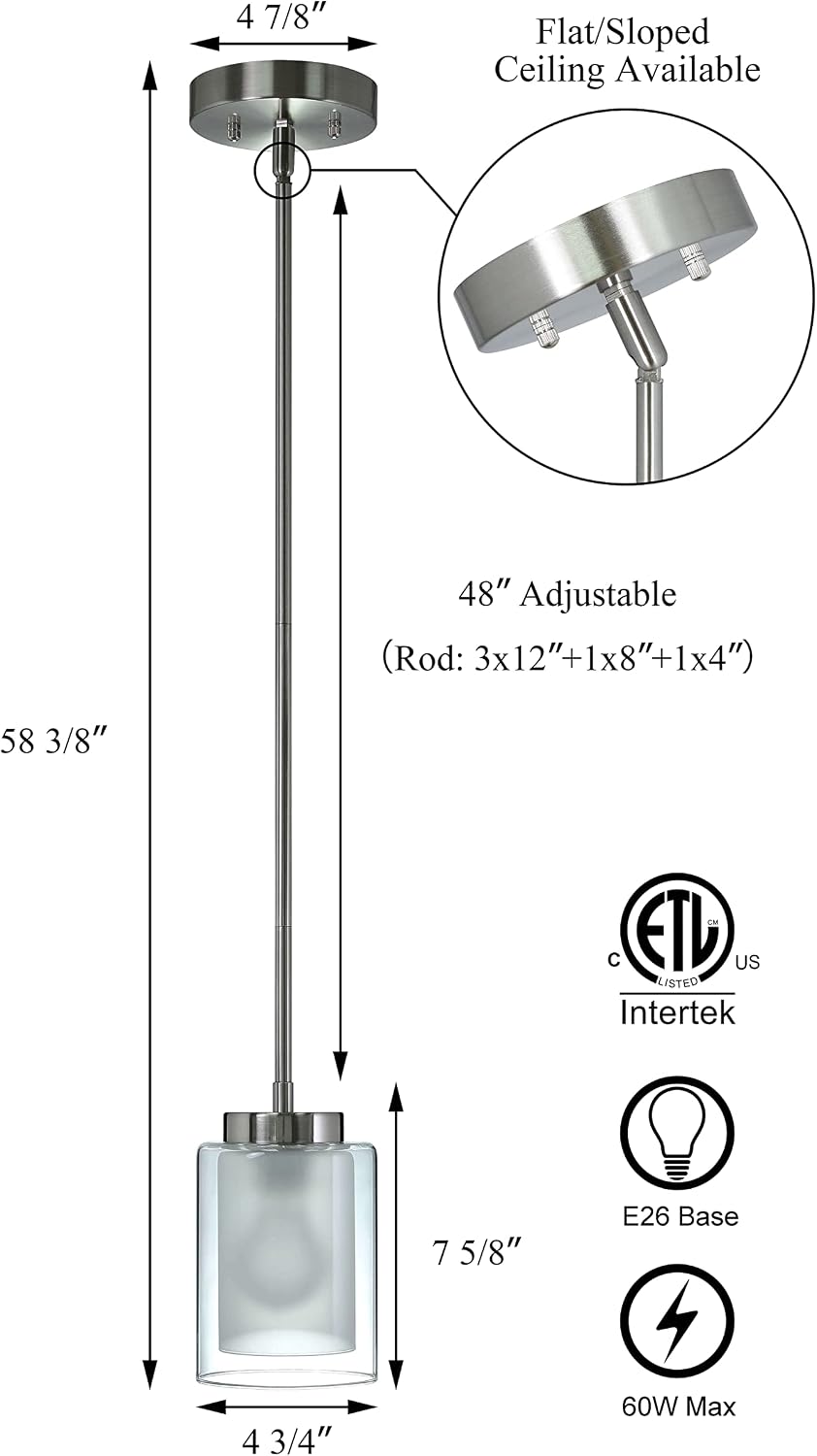 XiNBEi Lighting Pendant Lighting Modern 1 Light Mini Pendant Light with Dual Glass in Brushed Nickel, Adjustable Hanging Ceiling Light for Kitchen & Living Room XB-P1195-BN