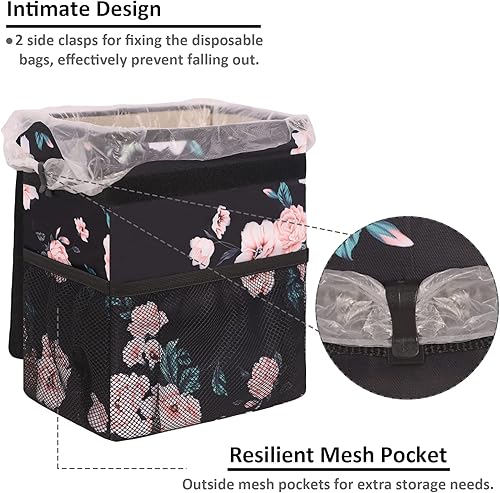 Miniatura 4 de Vankor Basurero para automóvil con tapa, bolsa de basura para automóvil, impermeable, a prueba de fugas, color negro, floral