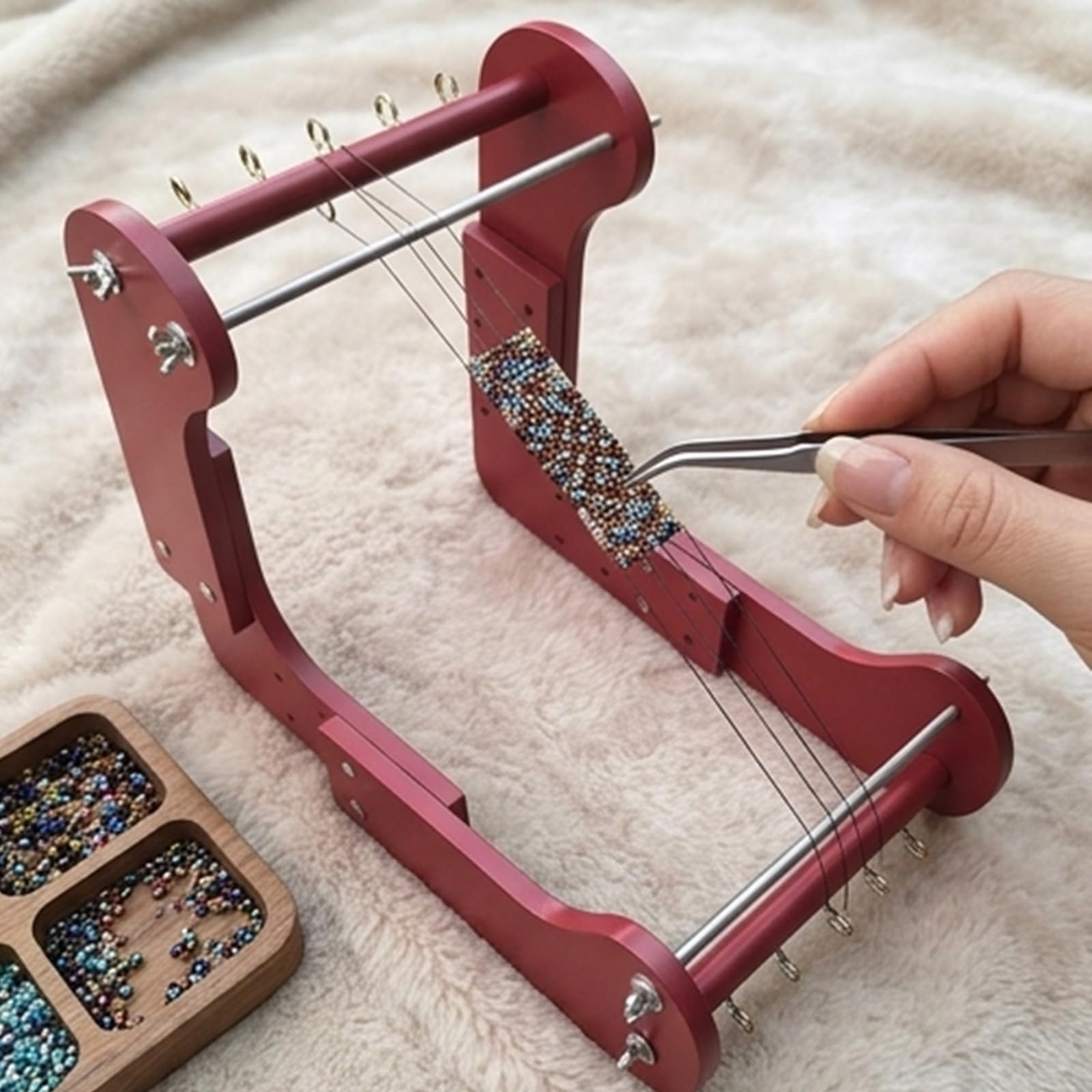 Marco de cuentas de joyería de madera con configuración de ajustable para encordar pulseras, tejer cuentas y trabajos artesanales Marco de tejido de cuentas ajustable Herramienta de encordar de