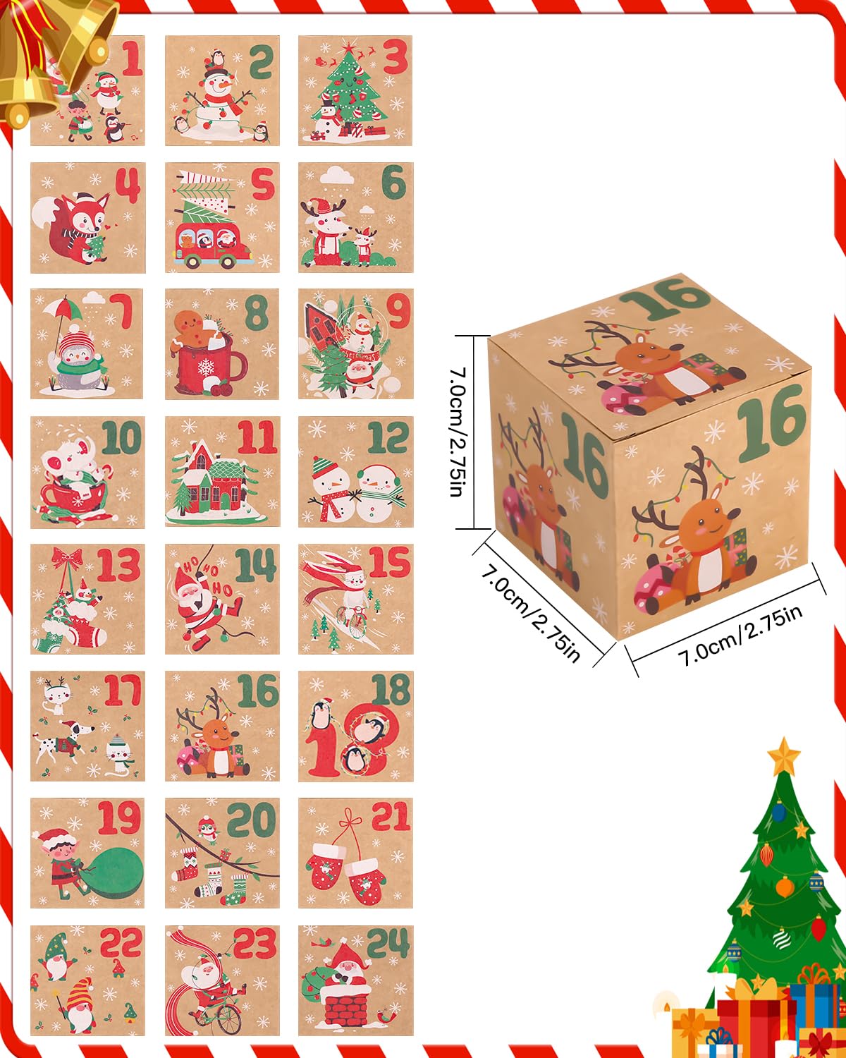 Calendrier de l'Avent Boites,24 pièces Calendrier Noel Boîte Boîtes pour Calendrier de l'Avent à Remplir Boites Cadeau Noël DIY Kraft Set de Boîtes Calendrier pour Décoration Cadeau de Noël